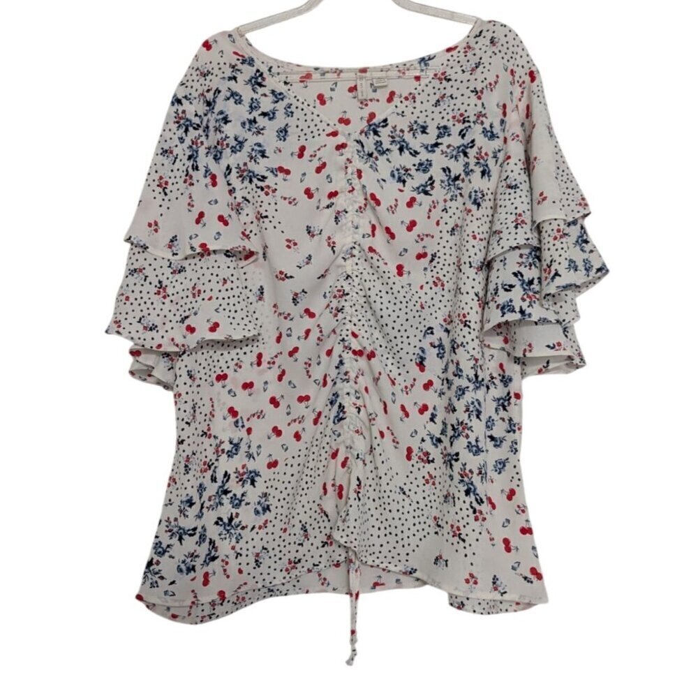 Cato Floral Cherry Shirt Womens Size Large White Polka Dot Ruched Ruffle Sleeve